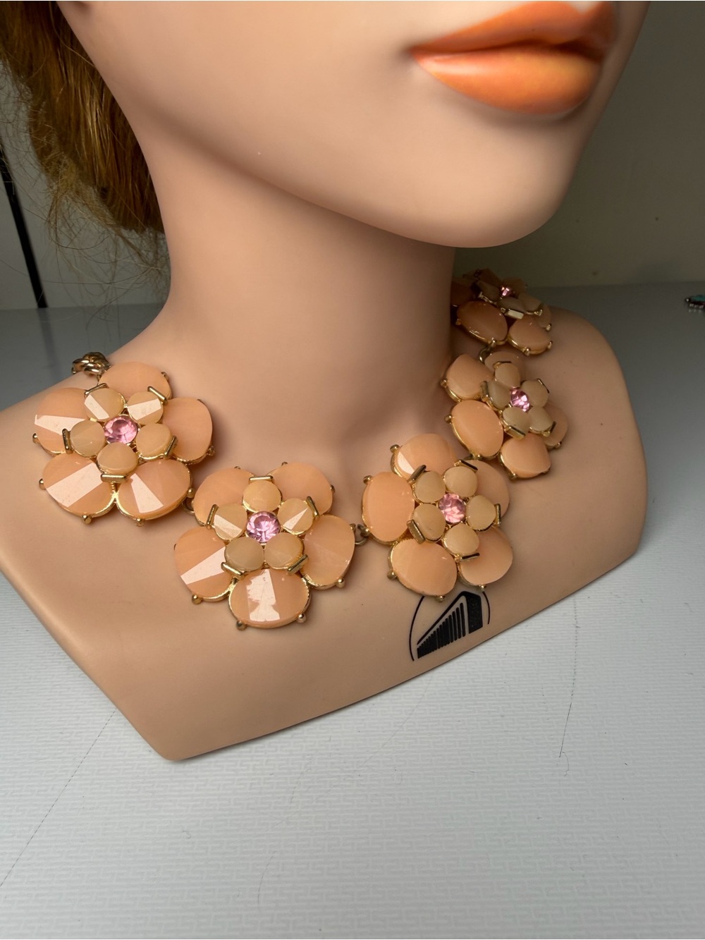 Peach Floral Cluster Necklace with Pink Crystal Centers